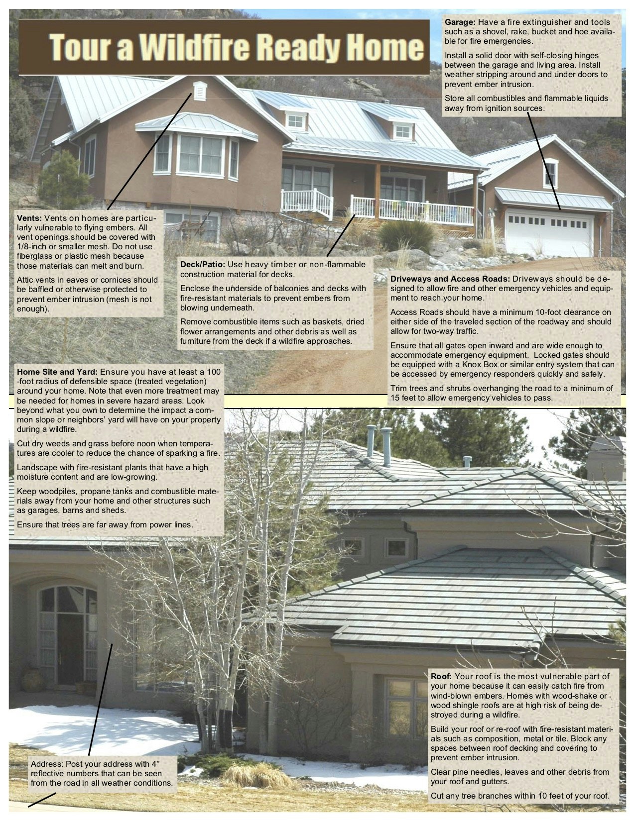 Guide to making a home wildfire-ready: secure vents, use fire-resistant materials, clear vegetation, ensure access, and protect the roof.