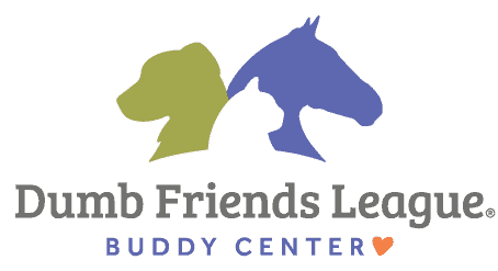 Silhouettes of a dog, cat, and horse above "Dumb Friends League Buddy Center" text with a heart.