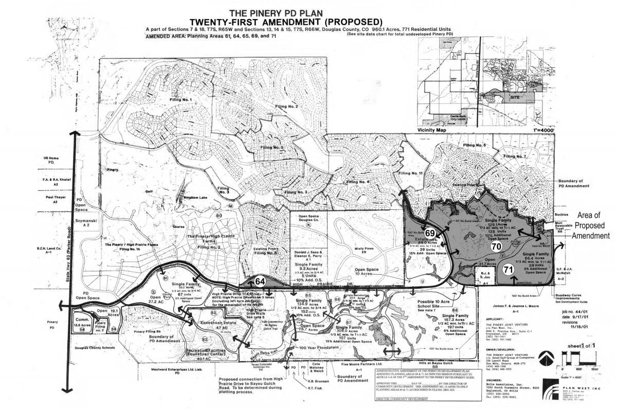 Proposed amendment map for The Pinery PD Plan, indicating residential areas, open spaces, and roadways.