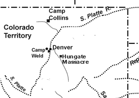 Map of Colorado Territory showing Denver, Camp Weld, and the Hungate Massacre site.