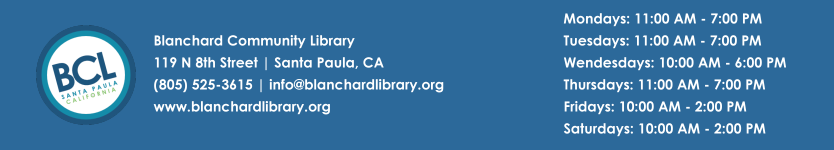 Blanchard Community Library info: address, contact, website, and opening hours for each day of the week.