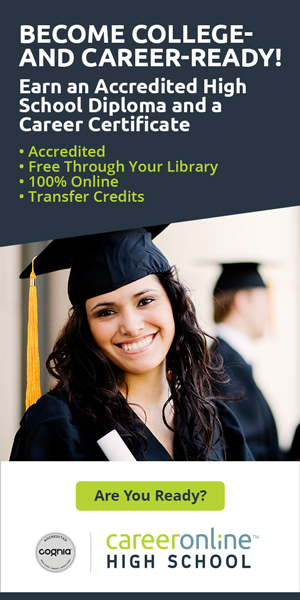 Ad for online high school diploma with a smiling graduate.