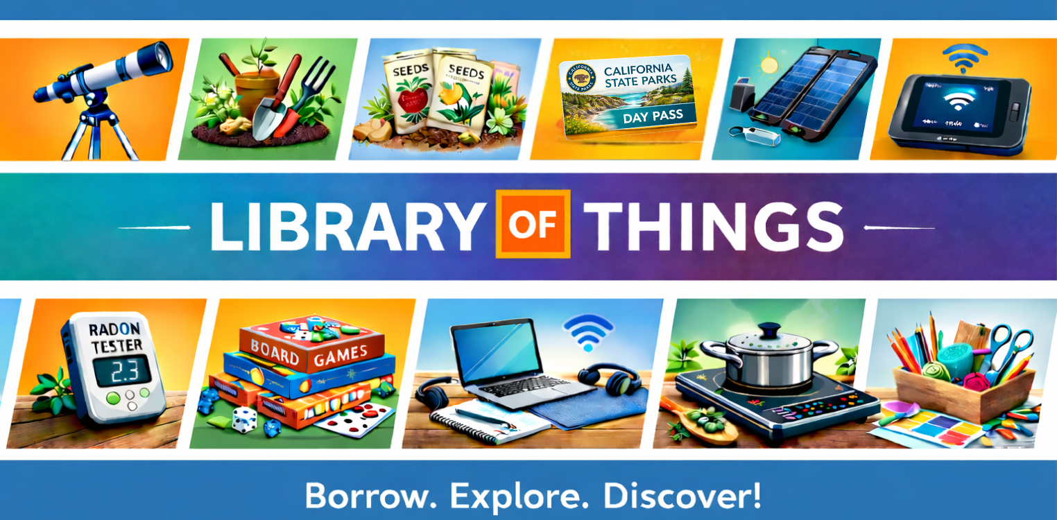 The image promotes a "Library of Things," showcasing items available for borrowing, like tools, games, and tech. Explore and discover!