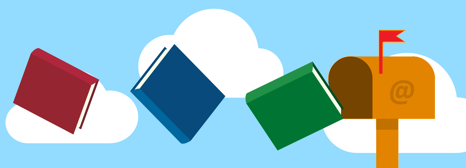 Three flying books (red, blue, green) and a mailbox with an '@' sign against a blue sky and clouds background.