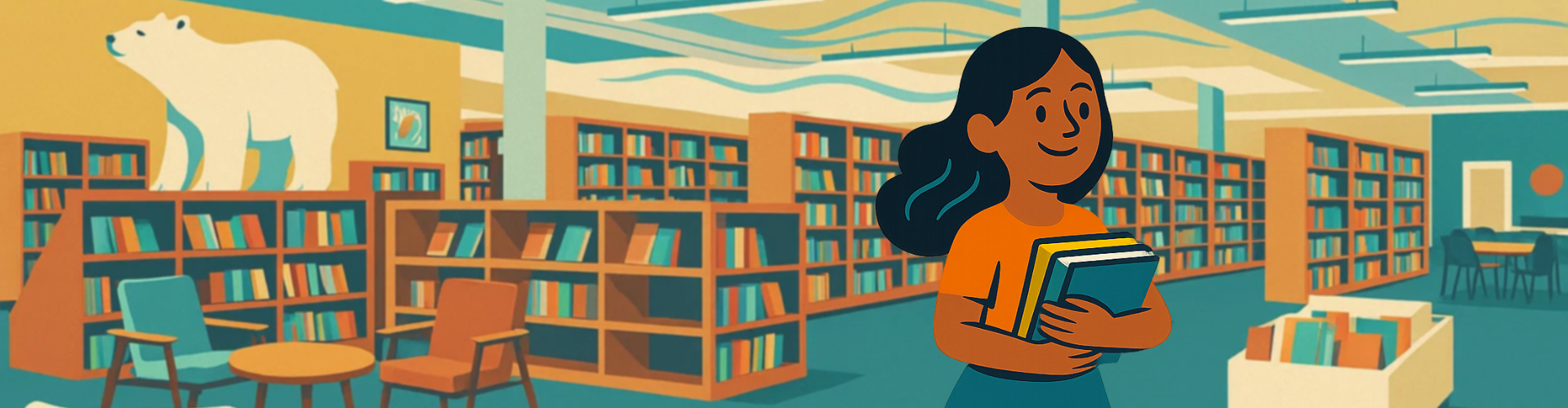 A smiling person holding books in a library with a large polar bear sculpture and numerous shelves of books.