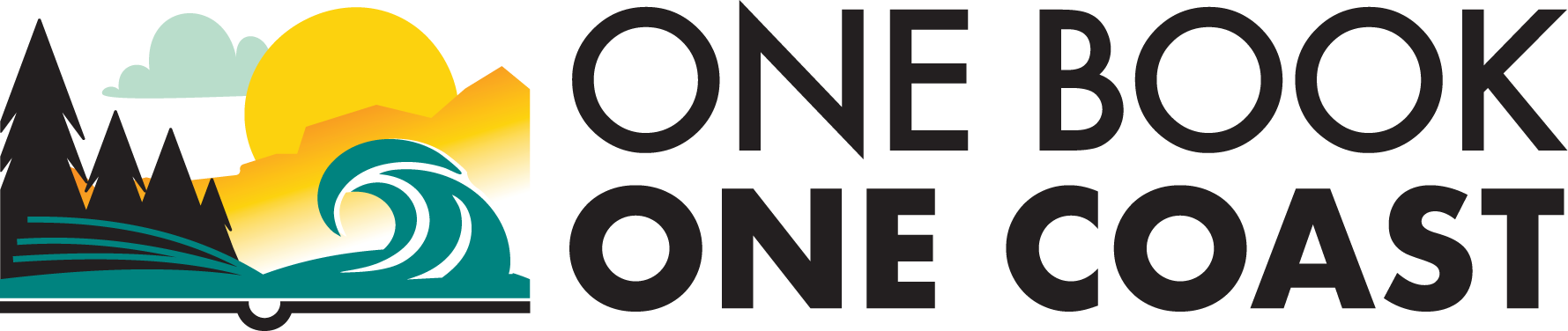 The image features a colorful logo for "One Book One Coast," depicting nature elements like trees, waves, and a sun.