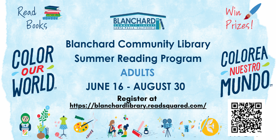 Blanchard Community Library Summer Reading Program for adults, June 16-August 30. Register at their website. Win prizes!