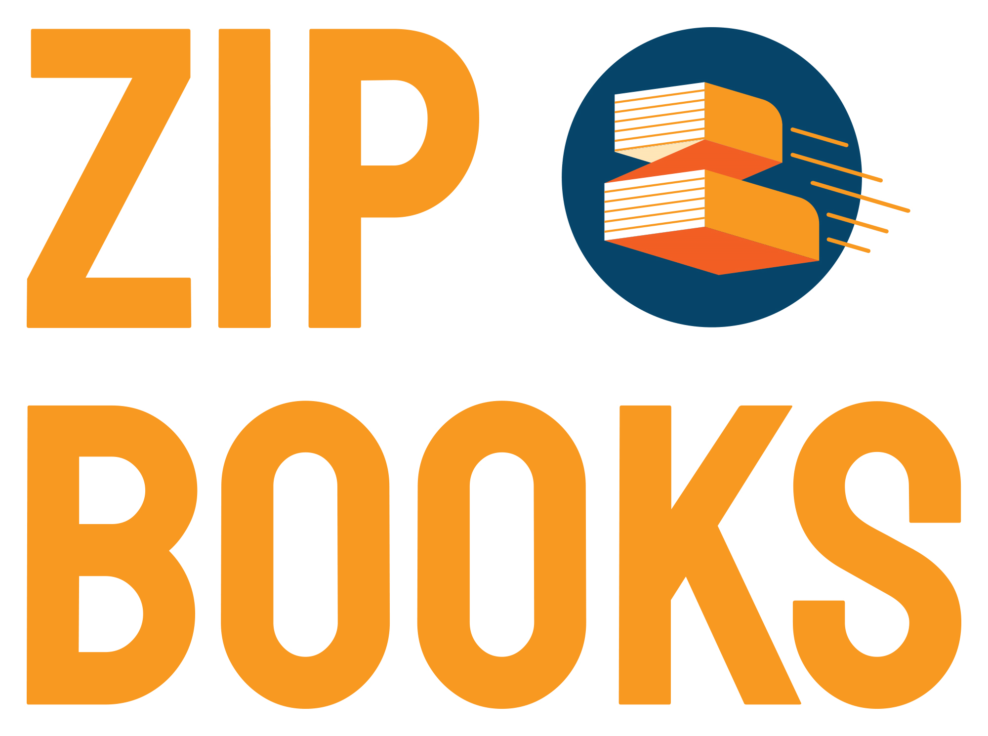 Logo with the text "ZIP BOOKS" and a graphic of a flying book inside a circle.