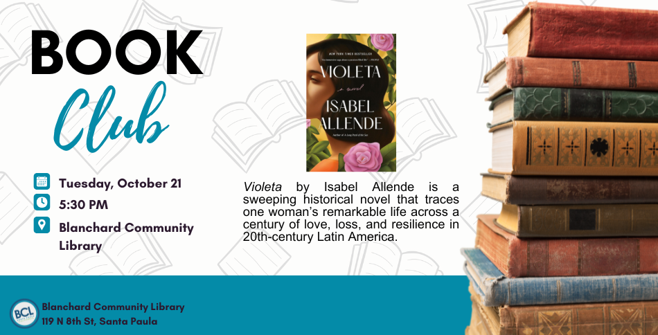 Book club event on Oct 21 at 5:30 PM, Blanchard Community Library, featuring "Violeta" by Isabel Allende.