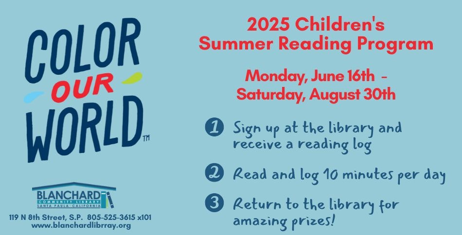 2025 Children's Summer Reading Program at Blanchard Library, June 16 - August 30. Sign up, read daily, and win prizes.