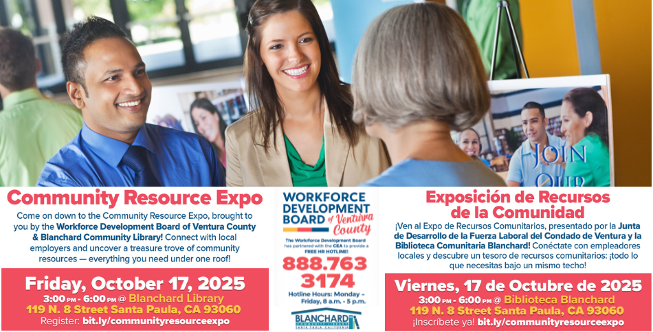 Community Resource Expo flyer for October 17, 2025, 3-6 PM, at Blanchard Library, Santa Paula, CA. Register at bit.ly/communityresourceexpo.