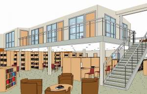 Illustration of a modern library interior with bookshelves, reading areas, and a staircase leading to an upper level.