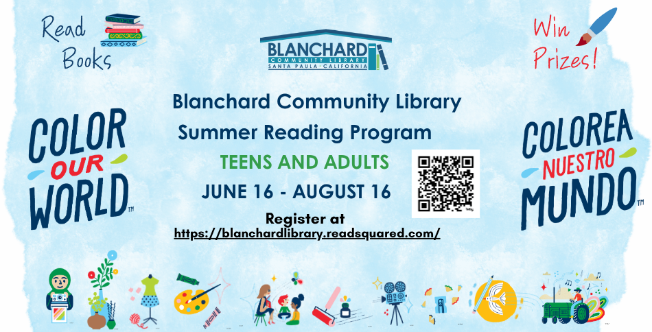 Blanchard Library Summer Reading Program for teens and adults, June 16-August 16. Register online. Win prizes!