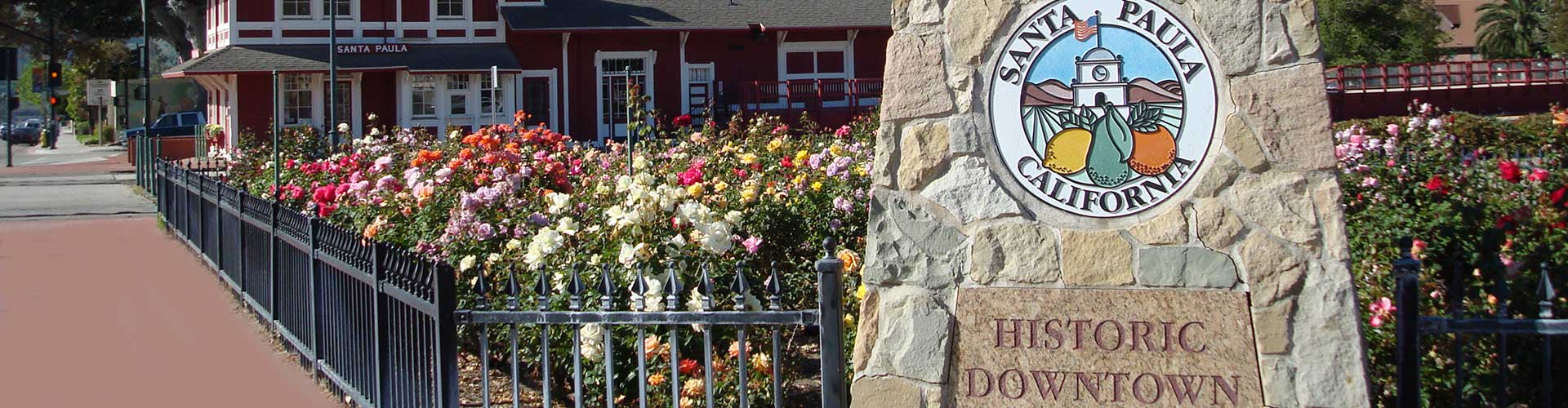 A vibrant rose garden beside a sidewalk with a sign saying "Historic Downtown Santa Paula, California."