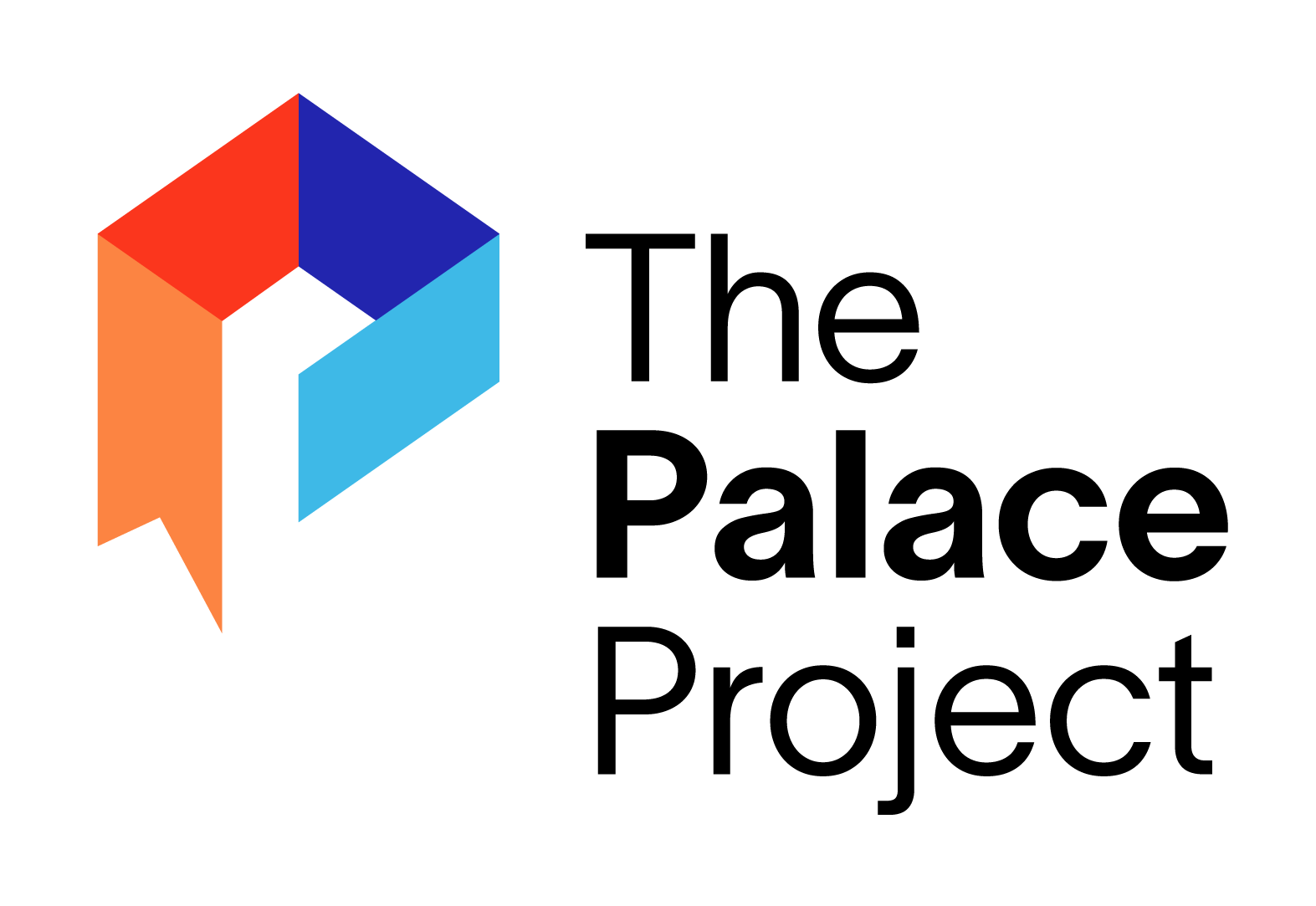 A colorful geometric logo on a black background.
