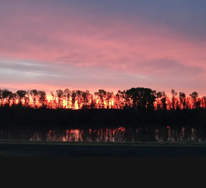 A vibrant sunset casting orange and pink hues over a tree line, reflected in a calm body of water.