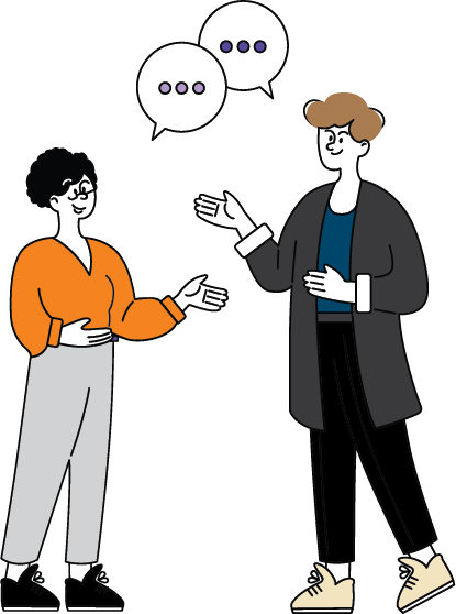 Two cartoon characters are talking, shown with speech bubbles containing ellipses.