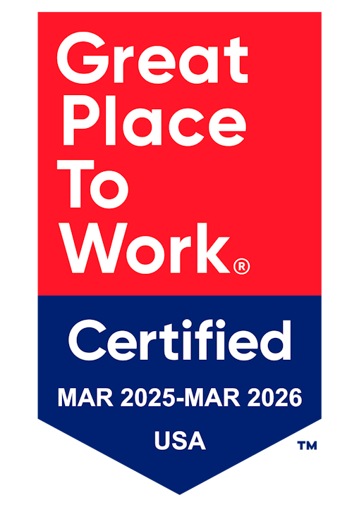 "Great Place to Work Certified" badge for March 2025-2026, USA.