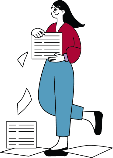 A cartoon person in red and blue carries papers while walking, some pages falling behind.
