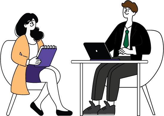 Two cartoon people are sitting in chairs, facing each other. One has a laptop, the other holds a notepad.