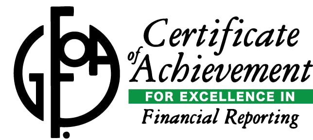 Certificate of Achievement for Excellence in Financial Reporting with GFOA logo.