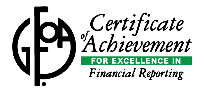 Certificate of Achievement for Excellence in Financial Reporting with GFOA logo.