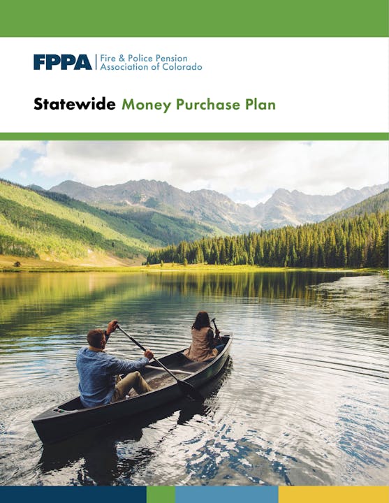 Two people canoeing on a calm lake surrounded by mountains and forests; Fire & Police Pension Association of Colorado text above.