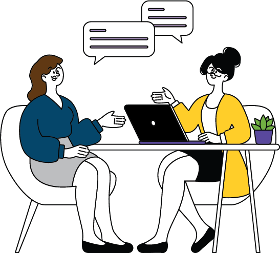 Two women sitting at a table with a laptop, engaging in conversation, with speech bubbles indicating dialogue.