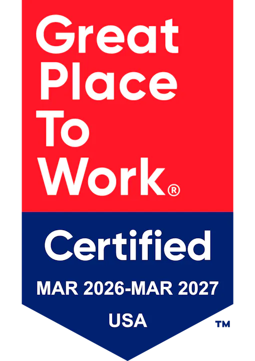 The image displays a certification badge indicating a "Great Place To Work" status for March 2026 to March 2027 in the USA.