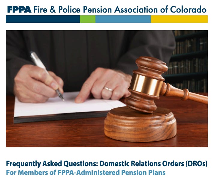 A person writing on a paper beside a gavel, with text about pension plans and domestic relations orders.