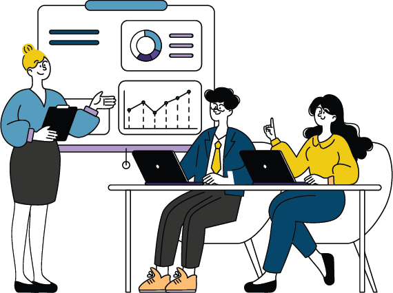 Three people in a meeting room with laptops, reviewing charts on a screen.