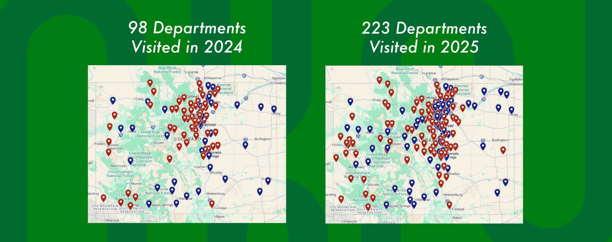 The image shows maps of department visits: 98 in 2024 (left) and 223 in 2025 (right), indicating significant growth.