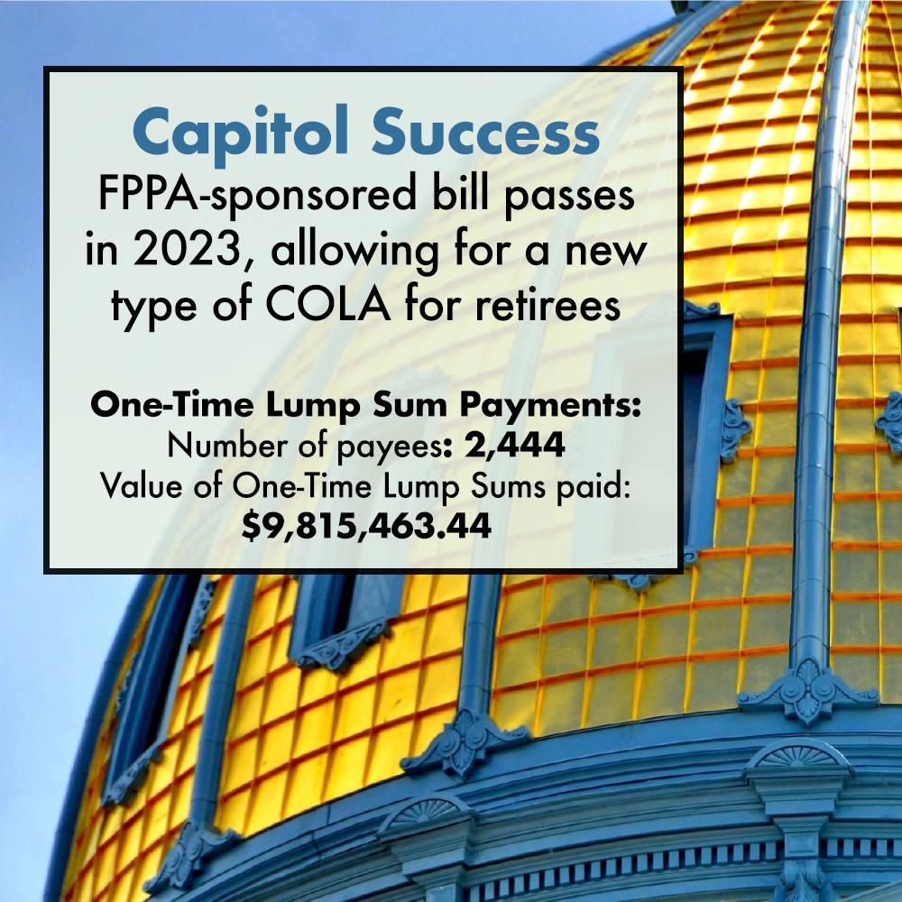 An infographic detailing a bill's passage that allows for a new type of COLA for retirees, with stats on one-time lump sum payments.