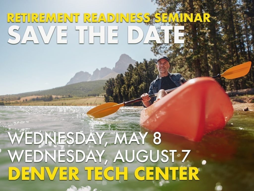 Advertisement for a Retirement Readiness Seminar with dates and location, featuring a man kayaking on a scenic lake.