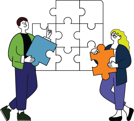 Two people fitting blue and orange puzzle pieces into a larger puzzle.