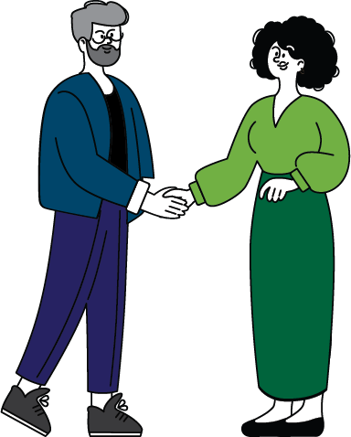 A man and a woman shaking hands, both smiling.