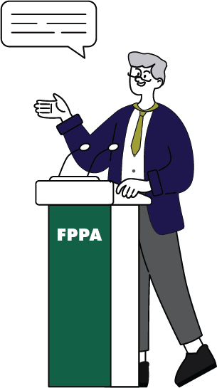 A person speaking at a podium labeled "FPPA" with a speech bubble above.