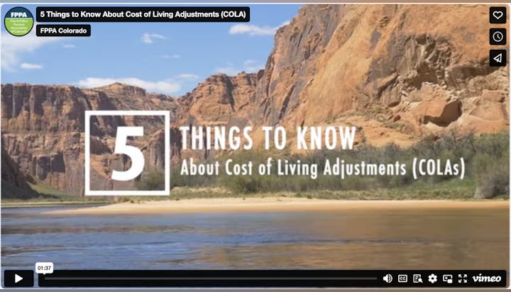 A video thumbnail with text "5 THINGS TO KNOW About Cost of Living Adjustments (COLAs)" over a river and cliffs backdrop.