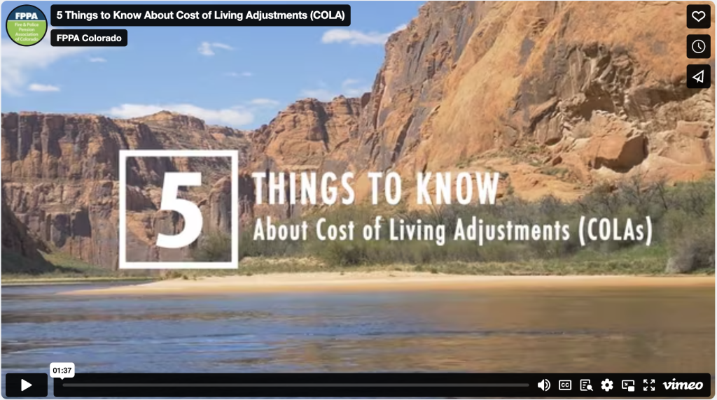 A video thumbnail with text "5 THINGS TO KNOW About Cost of Living Adjustments (COLAs)" over a river and cliffs backdrop.