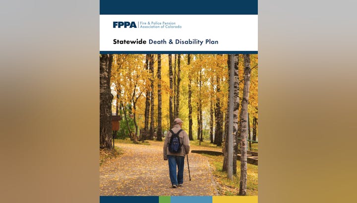 Man walking with a cane through a park in fall; titled "Statewide Death & Disability Plan" by FPPA.