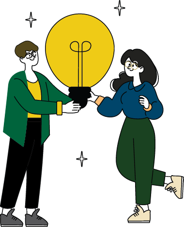 A man and woman holding a large light bulb together, symbolizing collaboration and ideas.