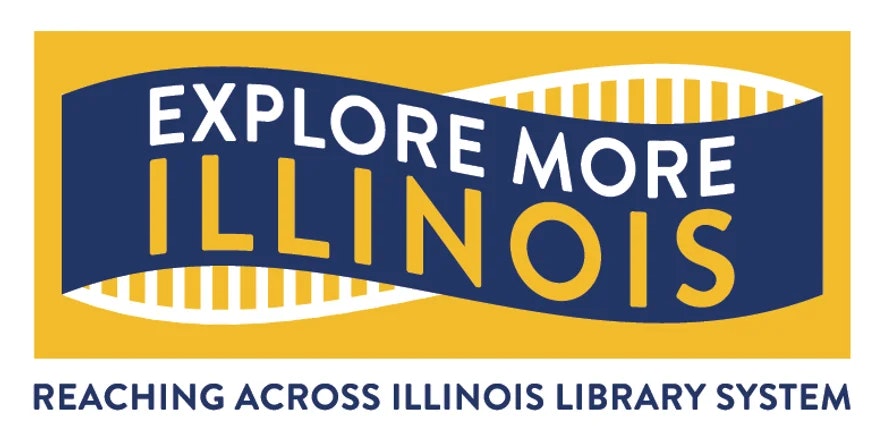 Logo with the text "Explore More Illinois" and "Reaching Across Illinois Library System." Yellow and blue design.