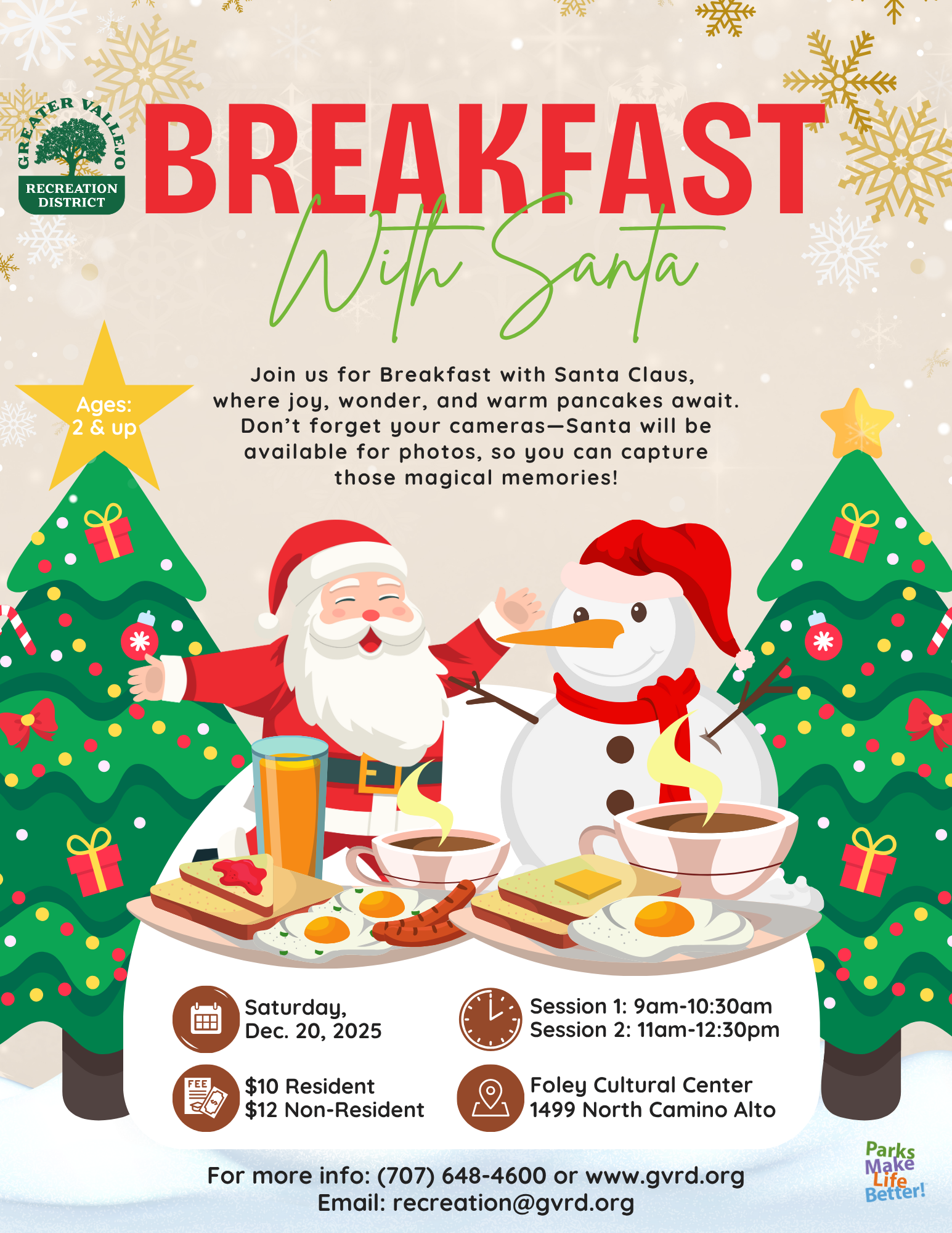 Breakfast with Santa event on Dec 20, 2025, at Foley Cultural Center. Two sessions: 9-10:30am & 11-12:30pm. Ages 2+.
