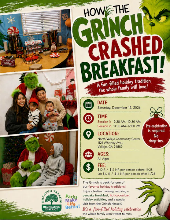 Event flyer for "How the Grinch Crashed Breakfast!" on Dec 12, 2026, featuring a pancake breakfast, activities, and the Grinch.