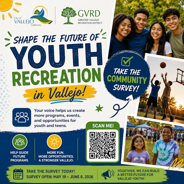The City of Vallejo invites community input on youth recreation programs through a survey open until June 8, 2026.