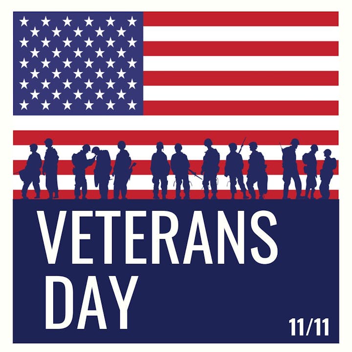 The image features the American flag with silhouettes of soldiers and the text "VETERANS DAY" along with the date "11/11."