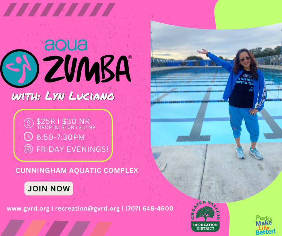 Aqua Zumba class with Lyn Luciano at Cunningham Aquatic Complex. Fridays, 6:50-7:30 PM. Cost: $25R, $30NR. Join now!
