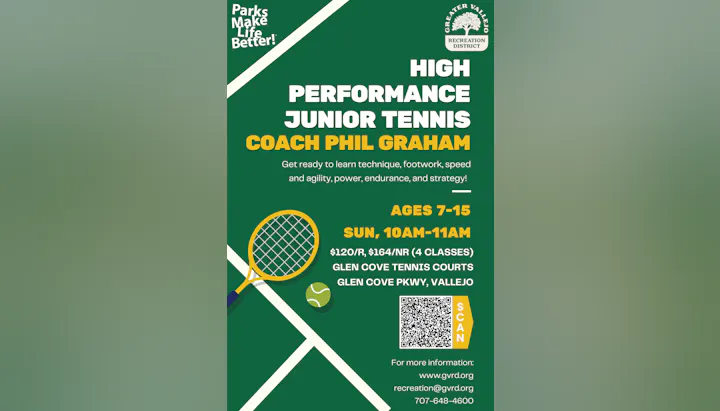 Junior tennis classes with Coach Phil Graham for ages 7-15, Sundays 10-11 AM at Glen Cove Courts, Vallejo. $120 members, $164 non-members.
