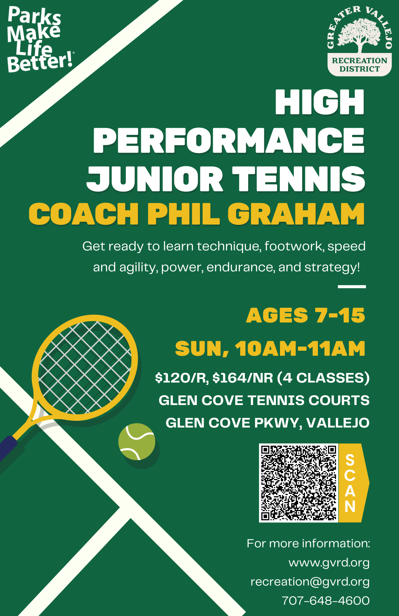 Junior tennis classes with Coach Phil Graham for ages 7-15, Sundays 10-11 AM at Glen Cove Courts, Vallejo. $120 members, $164 non-members.