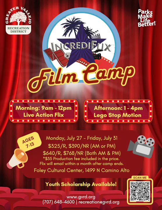 Incrediflix Film Camp for ages 7-13, July 27-31, offers live-action and Lego stop motion. Registration details included.